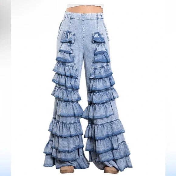 Jeans | Tiered Ruffled Bell Bottom Denim Jean Pants Tencel Cotton ...